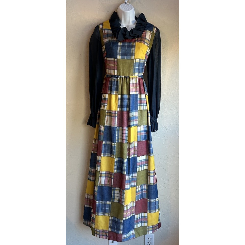 Vintage 60s 70s Patchwork Print Maxi Dress XS S Prairie Cottagecore Folk Peasant